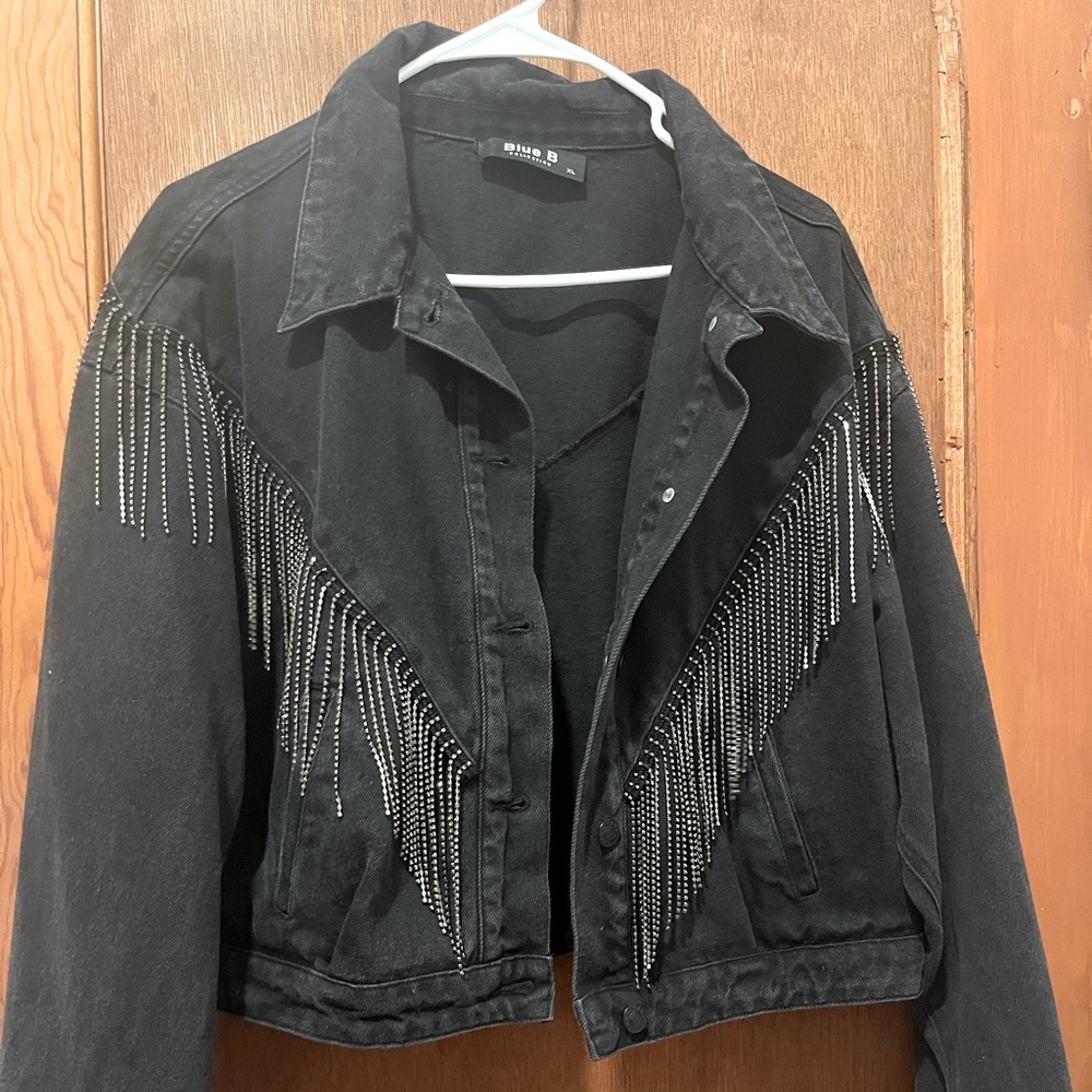 Blue B black jean jacket with jeweled fringe